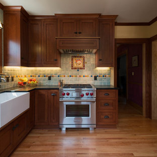 75 Beautiful Kitchen With Brown Cabinets And Soapstone Countertops