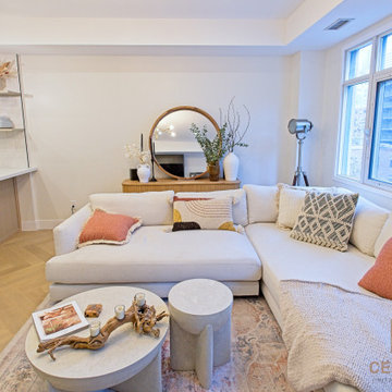 Light Sectional Sofa with Pink Cushions and Round Nesting Tables | Downtown Toro