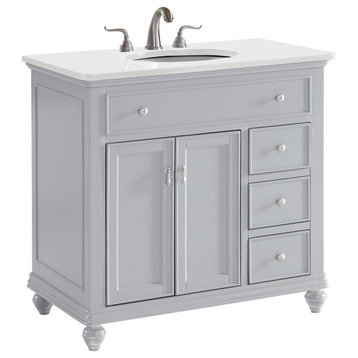 36" Single Bathroom Vanity, Light Grey With Ivory White Engineered Marble