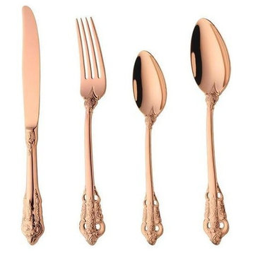 24-Piece Vintage 18K Rose Gold Plated Stainless Steel Flatware Set, 6 Settings
