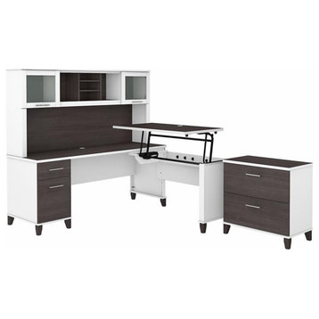 Pemberly Row Sit-St& L Desk Set w/ File Cabinet in White/Gray - Engineered Wood
