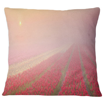 Sunrise over Rows of Tulips Landscape Printed Throw Pillow, 16"x16"