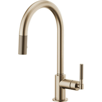 Litze 1-Handle Arc Spout Pull Down Kitchen Faucet, Knurled Handle, Luxe Gold