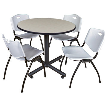 Kobe 36" Round Breakroom Table- Maple & 4 'M' Stack Chairs- Grey