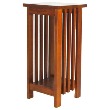 25 Inch Wooden Flower Stand With Slatted Sides And Bottom Shelf, Brown