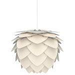 UMAGE - Aluvia Plug-In Pendant, Pearl/White, Medium - Modern. Elegant. Striking. The VITA Aluvia is an artistic assemblage of 60 precision-cut aluminum leaves, overlapping each other on a durable polycarbonate frame. These metal leaves surround the light source, emitting glare-free, ambient light.  The underside of each leaf is painted white for increased light reflection, and the exterior is finished in one of two different colors: subtle Pearl or dramatic Anthracite. Available in two sizes, the Medium (18.9"H x 23.3"W) can be used as a pendant or hanging wall lamp, while the Mini (11.8"H x 15.7"W) is available as a pendant, table lamp, floor lamp or hanging wall lamp. Hang it over the dining table, position it in a corner, or use as a statement piece anywhere; the Aluvia makes an artistic impact in any room.