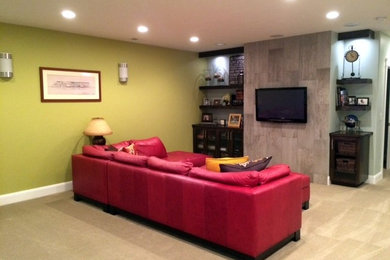 Mid-sized arts and crafts underground carpeted basement photo in Salt Lake City with gray walls