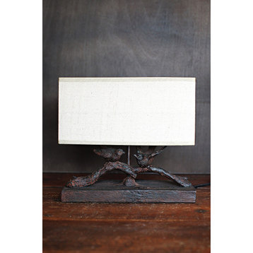 Rustic Birds-On-Branch Lamp With Rectangle Flax Shade, Black