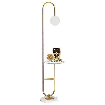 Globeal Modern Arc Floor Lamp with Shelf in Gold with Glass Shade & Marble Base