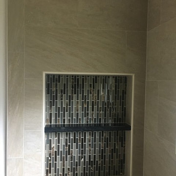 BATHROOM - Contemporary Tub-To-Shower 12 x 24 TanTile and Linear Mosaic Accent