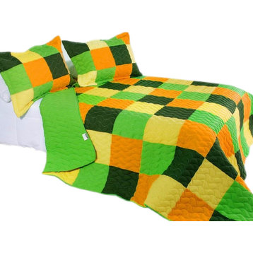 Energetic Cotton 3PC Vermicelli-Quilted Patchwork Quilt Set (Full/Queen Size)