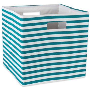 DII 12.9" Square Modern Polyester Cube Pinstripe Storage Bin in Teal Blue