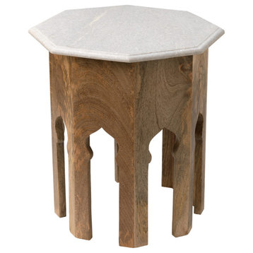 Small Atlas Table,  Natural Mango Wood With White Marble Top