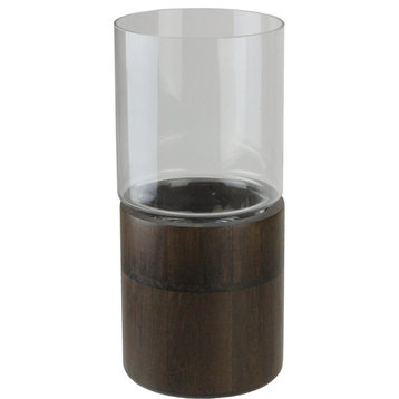 Clear Glass Hurricane Pillar Candle Holder With Wooden Base, 12"