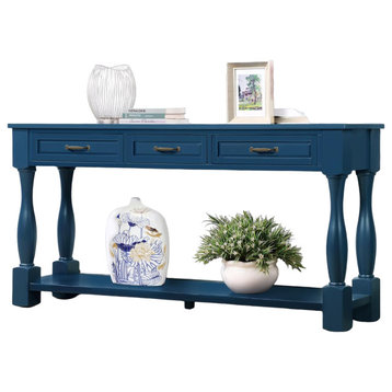 Retro Console Table, Carved Column Support With 3 Spacious Drawers, Navy Blue