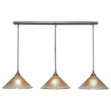 3 Light Mini Pendant In Brushed Nickel, 12" Amber Crystal Glass