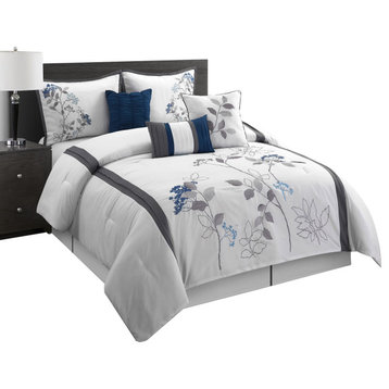 Anissa Leaves 7-Piece Bedding Comforter Set, White/Navy, Queen
