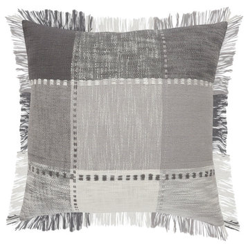 Monochrome Patchwork Plaid Throw Pillow with Fringe