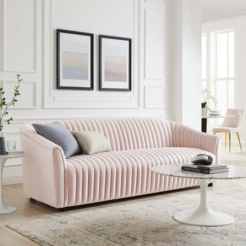 Elegant Sofa, Channeled Velvet Seat With Curved Back & Sloped Arms, Pink