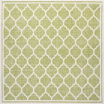 Trebol Moroccan Trellis Textured Weave Indoor/Outdoor, Green/Cream, 5' Square