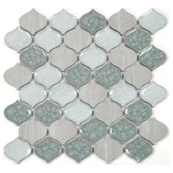 Mosaic Crackle Glass Tile Arabesque Shape, Sea Green