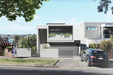 Contemporary three-storey brick white house exterior with a flat roof and a metal roof.