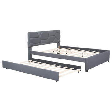 Modern Queen Platform Bed, Geometric Tufted Headboard & Pull Out Trundle, Gray