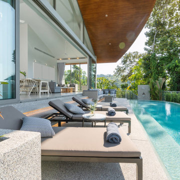 Modern Outdoor Pool With Gray Sofa and Lounge Chairs, Modern House, Remodeling I