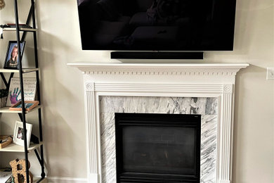 Example of a trendy medium tone wood floor family room design in Philadelphia with white walls, a standard fireplace, a plaster fireplace and a wall-mounted tv