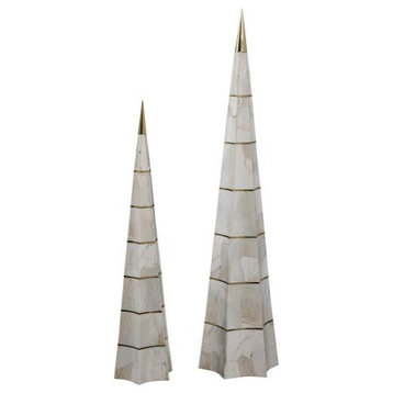 2-Piece Clam Stone Inlaid Obelisk Sculpture Set