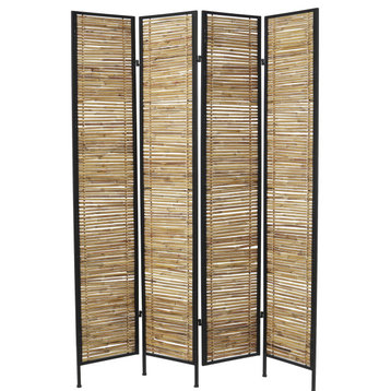 Rustic Room Divider, Bamboo Stick Design With Metal Frame & 4 panel, Light Brown