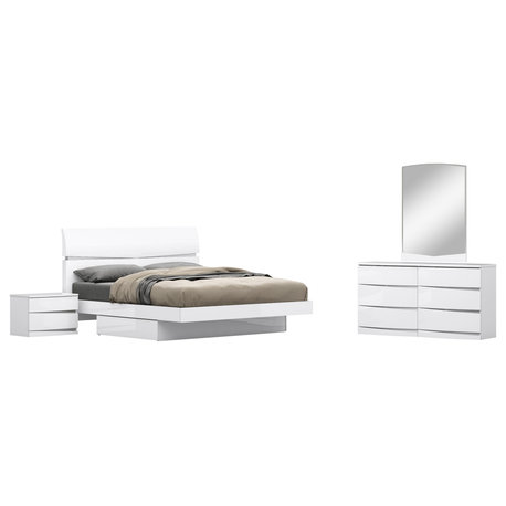 Gia Wood Platform Bed Dresser, Mirror & Nightstand, Gloss White, Queen