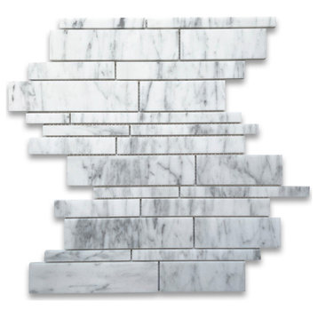 Carrara White Marble Random Strip Modern Brick Mosaic Tile Honed, 1 sheet