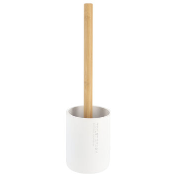 Pure Matte White Toilet Brush Set With Natural Bamboo Handle Polyresin