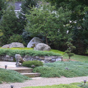 Japanese Garden: stone terrace, stone stairs.
