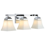 JONATHAN Y - Staunton 1-Light Iron/Glass Modern Cottage LED Vanity Light, Chrome, 3-Light - The squared lines of this 3-light vanity fixture give it a pared-down traditional look. A sparkling chrome finish and flared shades add low-key vintage style over a bathroom mirror. Frosted glass provides soft, diffused light from the bright LED bulbs.