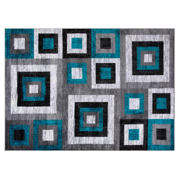 Gideon Collection Geometric Olefin Area Rug with Cotton Backing, Turquoise, 6' X 9'