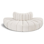 Meridian Furniture - Arc Upholstered Outward Curved Modular Sectional, Cream, 4-Piece: Reverse Corner (4), Boucle Fabric - Give your living room or den the perfect blend of style and versatility with this Arc boucle fabric curved modular Sectional. Part of the Arc modular furniture collection, this Sectional comes upholstered in rich cream boucle fabric and features deep channel tufting that adds a touch of luxury while enhancing comfort and support. A seamless combination of form and function, this chair can be used with other Arc pieces to create a myriad of configurations in your well-curated room.