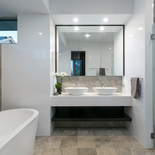 75 Beautiful Travertine Tile Bathroom With Quartzite Countertops