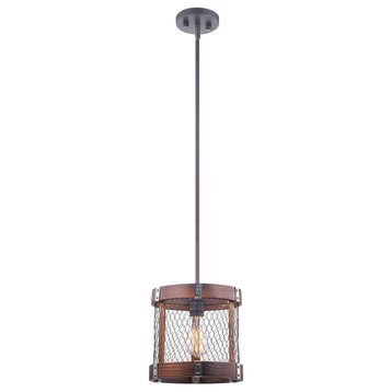 Rustic Wood In Burnt Brown Color And Iron Net1-Light Pendant, No Light Bulb