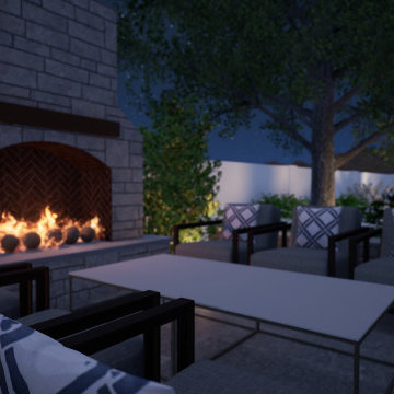 Transitional Outdoor Living with Fireplace, Fire Pit, Outdoor Kitchen, Pergola