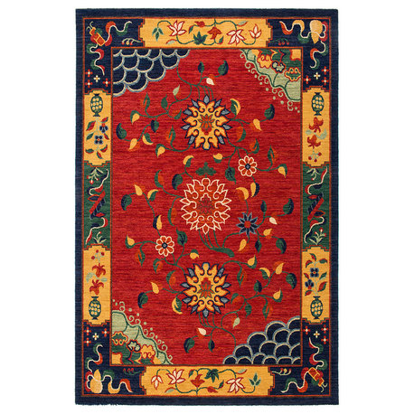 Classic Floral Red Tibetan Rug, 5'x7'