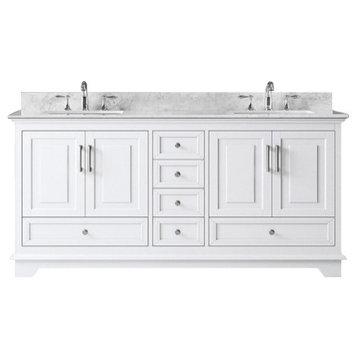72" Double Sink Bathroom Vanity in White With Carrara Marble Top