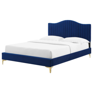 Tufted Platform Bed Frame, Full Size, Velvet, Blue Navy, Modern Contemporary