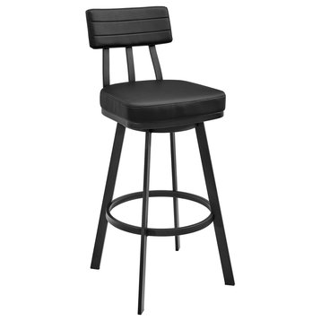 Jinab Swivel Bar Stool in Black Metal with Black Faux Leather