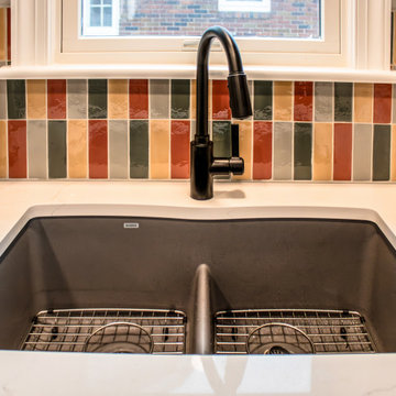 Vibrant and Colorful Kitchen with Custom Cabinetry and Calacatta Duolina Quartz