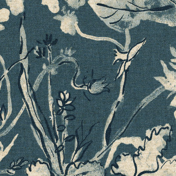 Garden Party Indigo Floral Blue 84" Shower Curtain Cotton Linen Lined