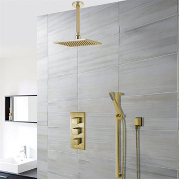 Benete Square Brushed Gold Rain Shower System Faucet Set 2 Outlets