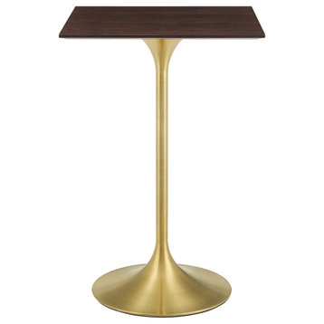 Bar Table, Square, Wood, Metal, Gold Dark Brown Brown Walnut, Modern, Bar Pub