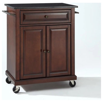 Traditional Kitchen Cart, Framed Doors & Drawer With Black Top, Vintage Mahogany